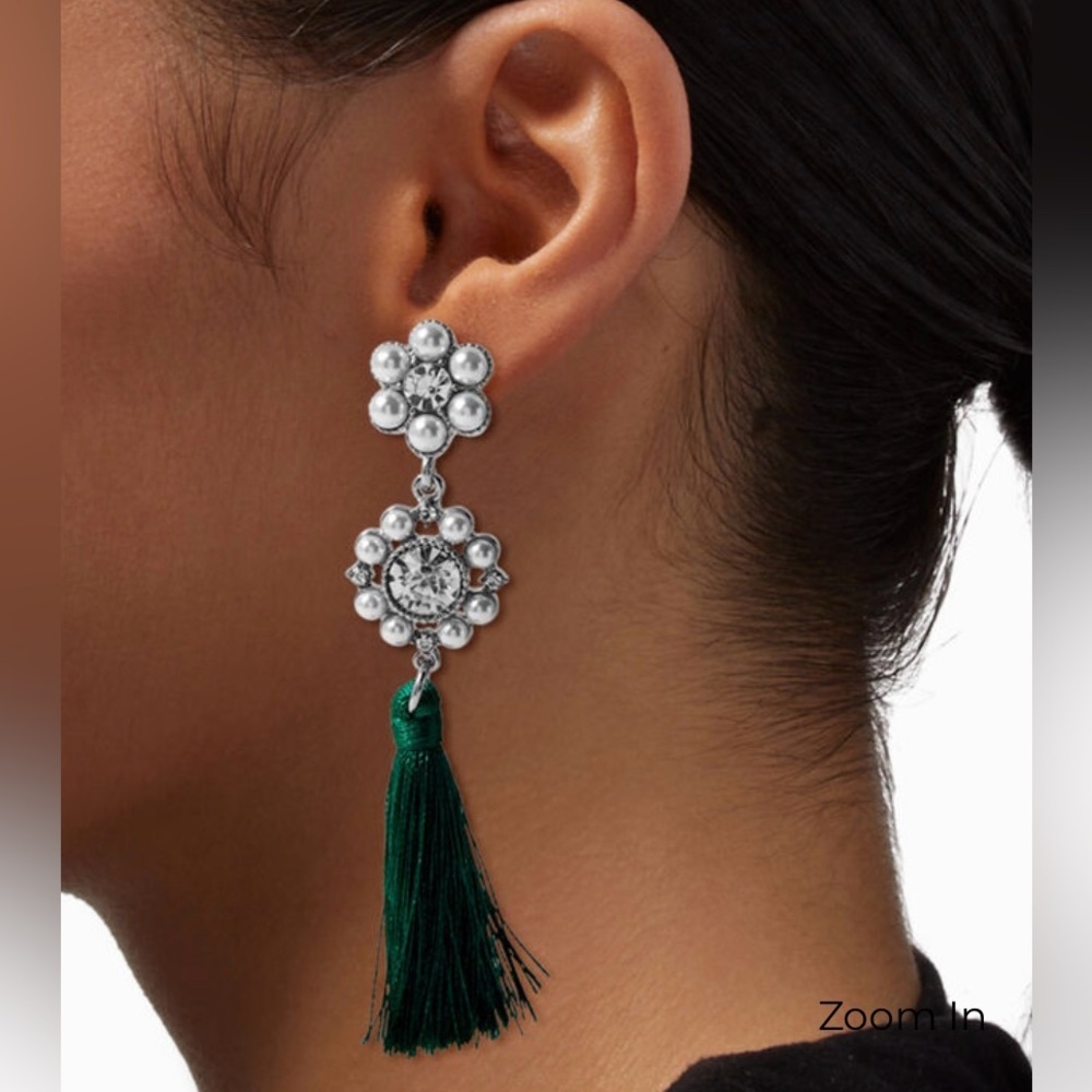 NWT GREEN TASSEL & FAUX PEARL 3" DROP EARRINGS